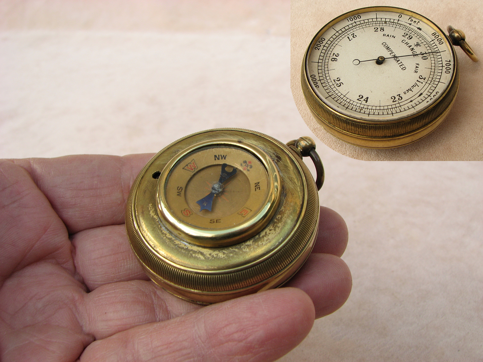 Late 19th century pocket barometer and compass combination